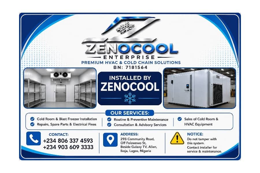 Installed by Zenocool — service and installation identification plaque fitted to completed cold rooms
